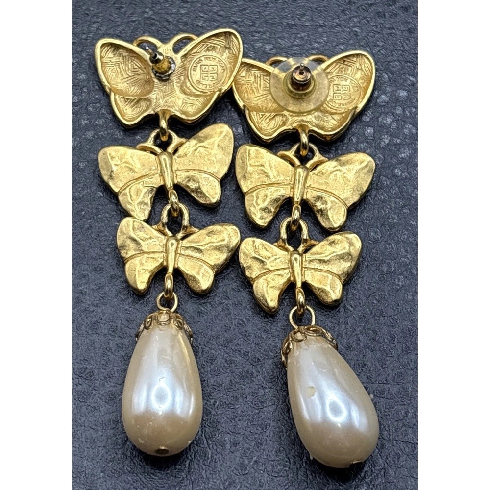 Vintage 80s Givenchy Gold Tone Butterfly Pearl Drop Dangle Pierced Earrings - Picture 13 of 16